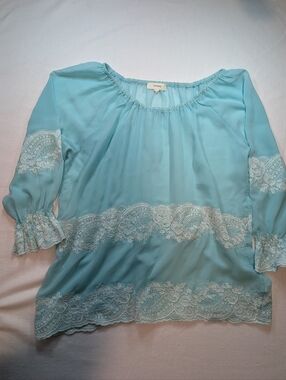 Freeway Chiffon Lace-Paneled Off-Shoulder Blouse - Aqua